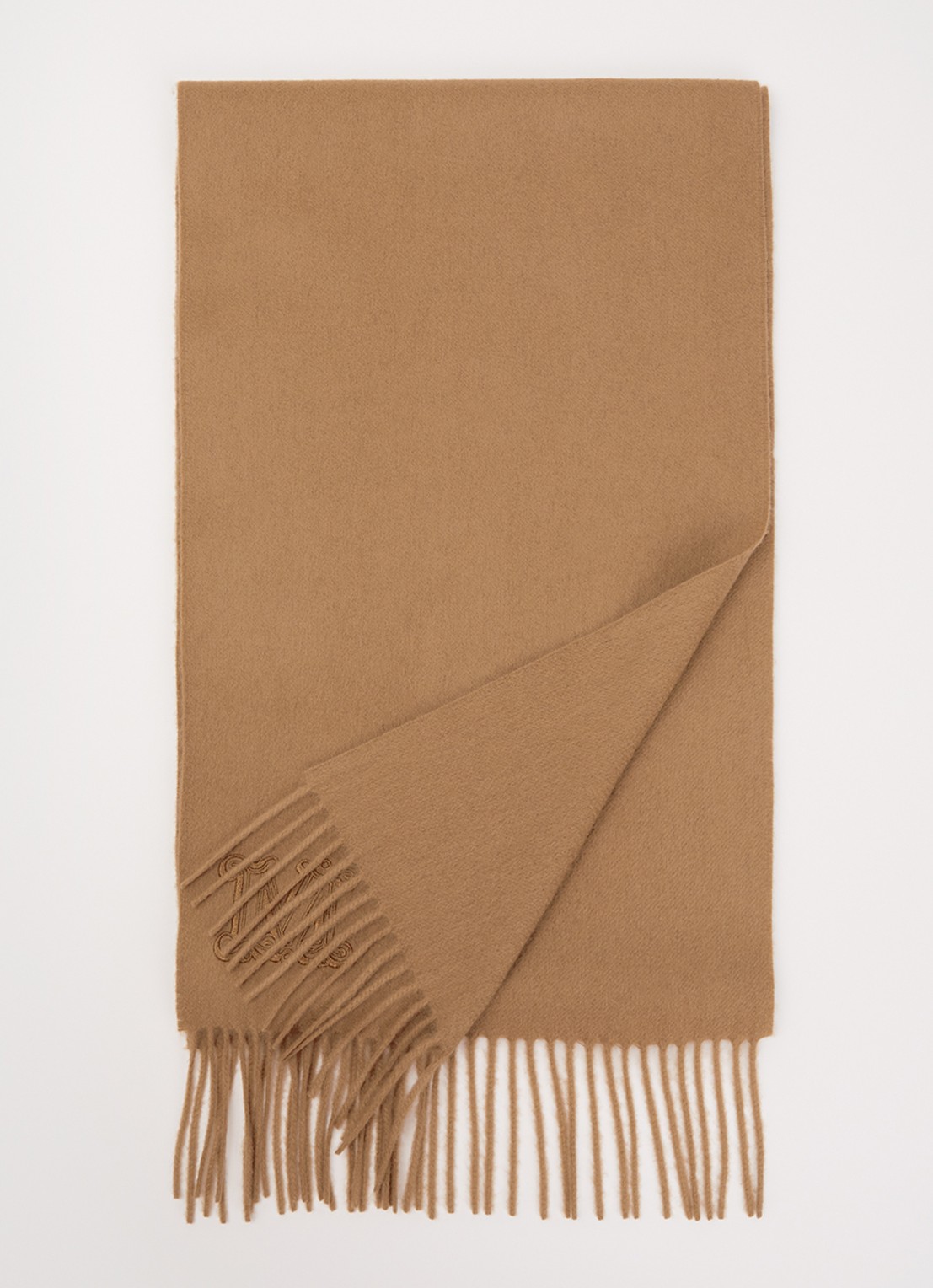 Max Mara Dalia sjaal van kasjmier met franjes 190 x 30 cm  - voorkant camel