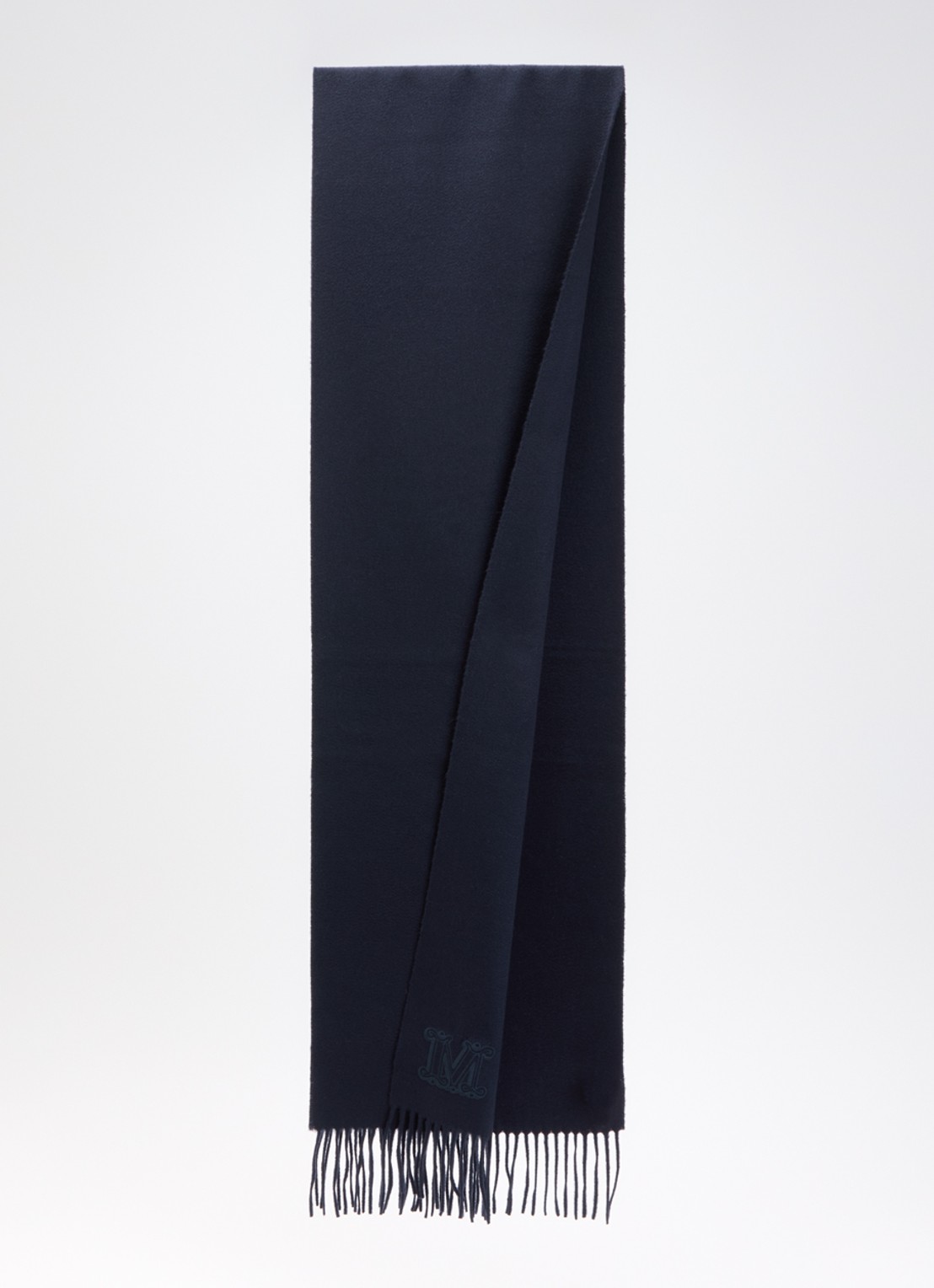 Max Mara Dalia sjaal van kasjmier met franjes 190 x 30 cm - detail donkerblauw