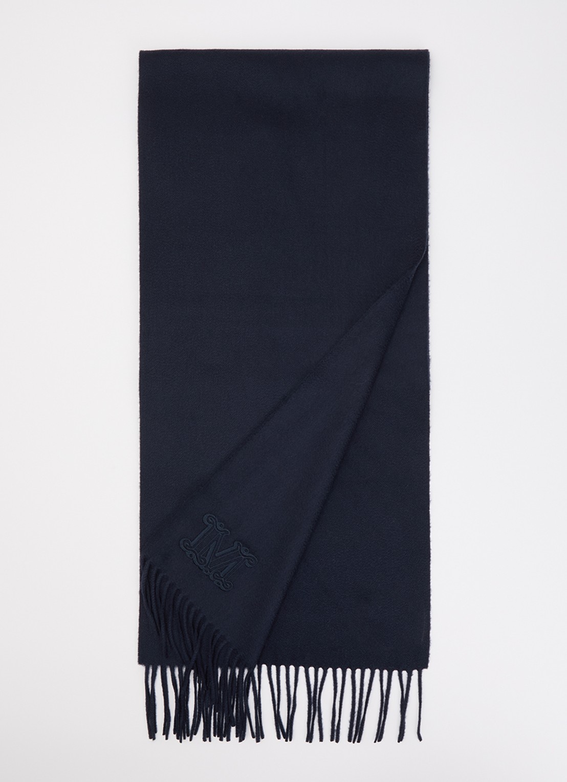 Max Mara Dalia sjaal van kasjmier met franjes 190 x 30 cm - voorkant 3 donkerblauw