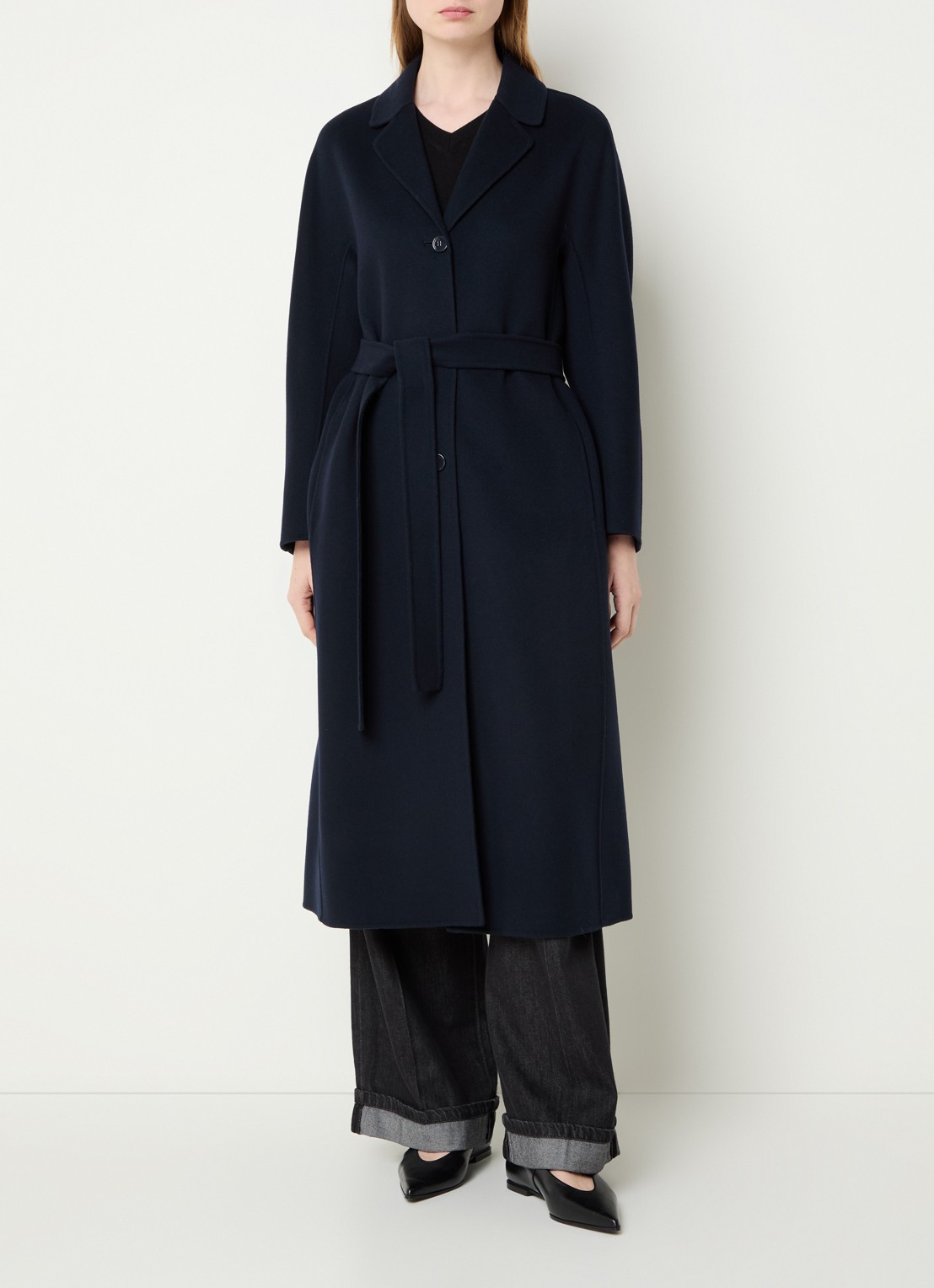 Max Mara Dama mantel van scheerwol met steekzakken en strikceintuur - detail 2 donkerblauw