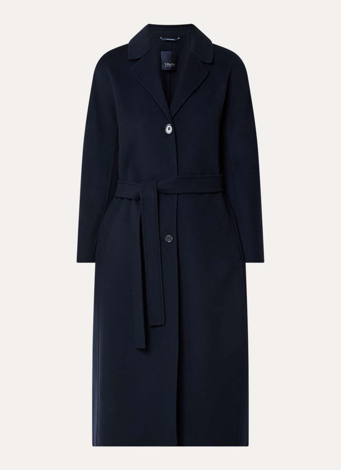 Max Mara Dama mantel van scheerwol met steekzakken en strikceintuur - voorkant 3 donkerblauw