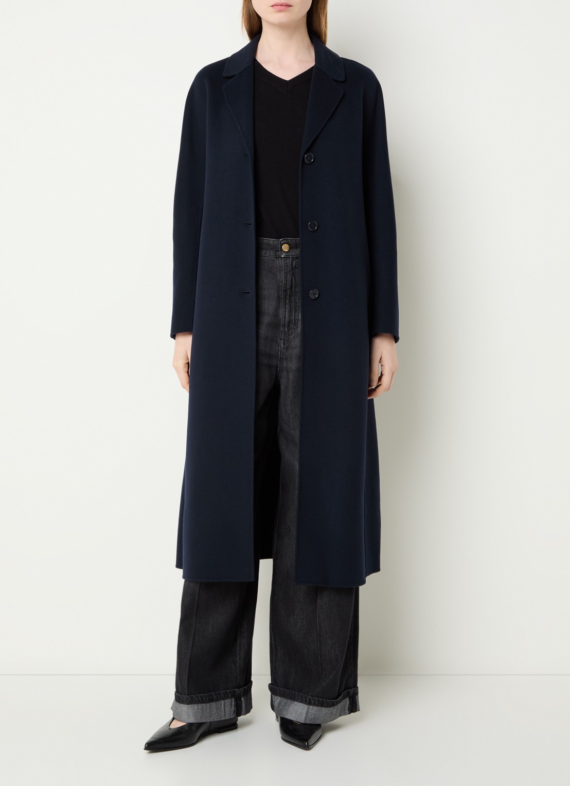Max Mara Dama mantel van scheerwol met steekzakken en strikceintuur - voorkant 4 donkerblauw