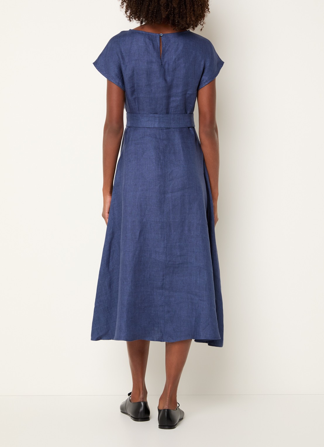 Max Mara Esordio midi jurk van linnen met strikceintuur - achterkant donkerblauw
