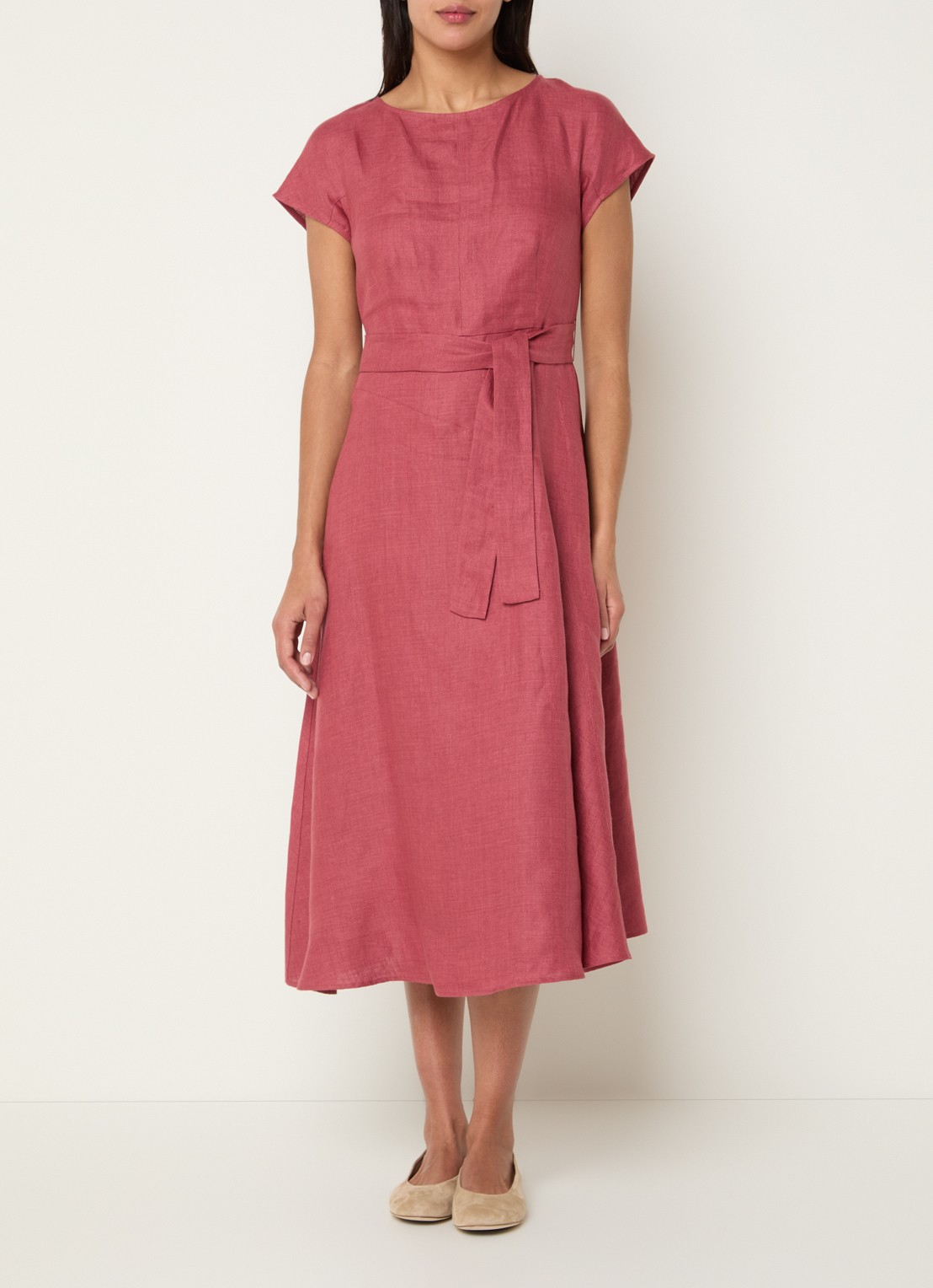 Max Mara Esordio midi jurk van linnen met strikceintuur - detail 2 donkerroze