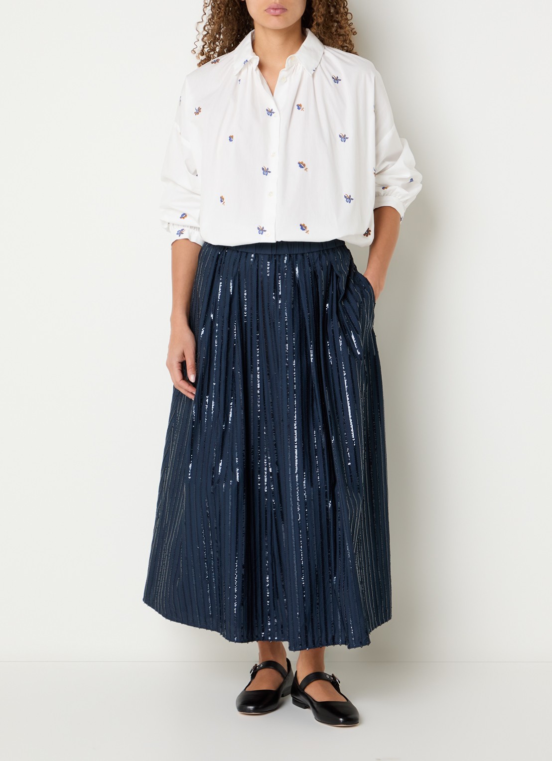 Max Mara Fidori midi rok met pailletten en steekzakken - voorkant 3 donkerblauw