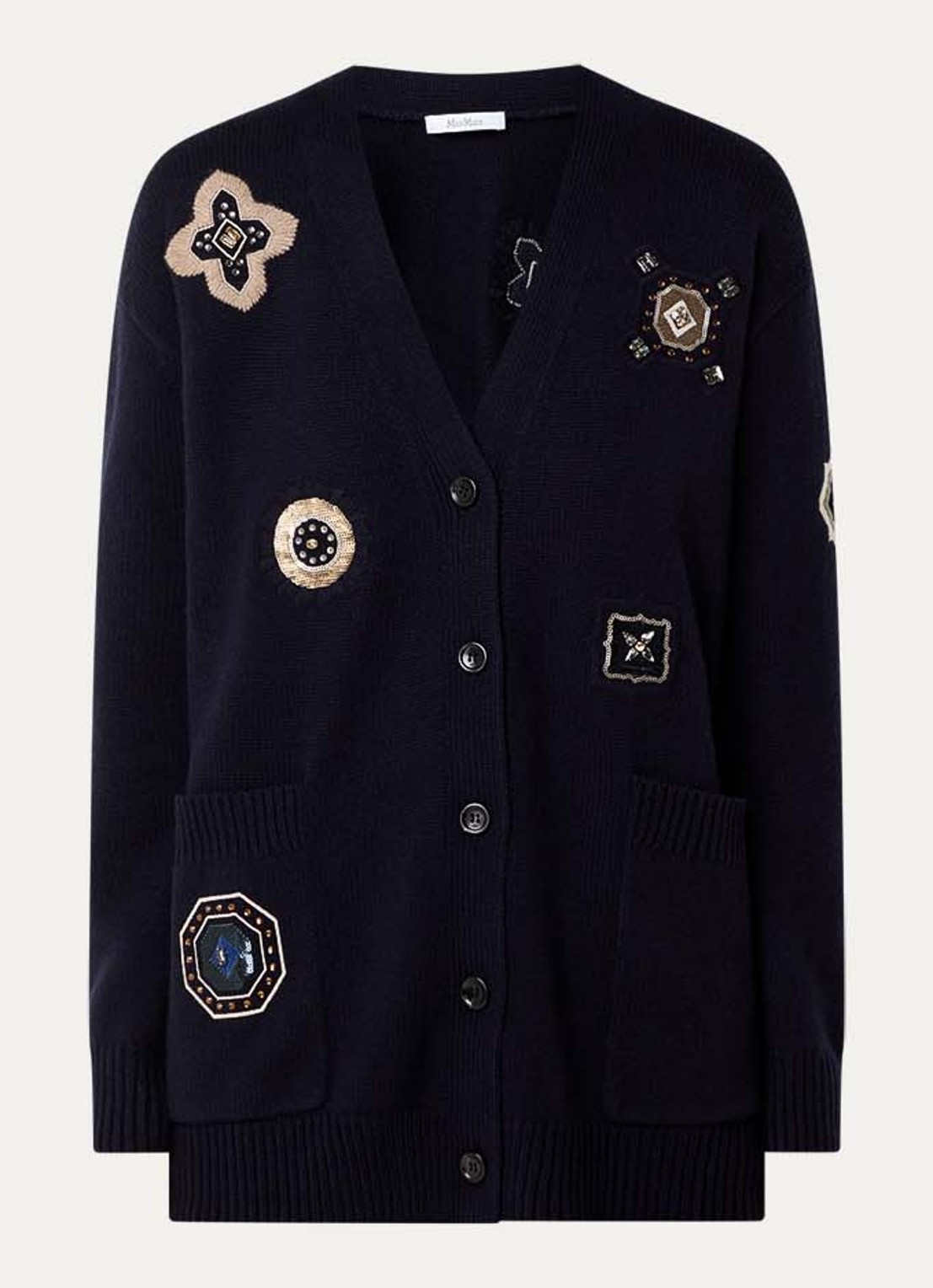 Max Mara Fijngebreid vest in kasjmierblend met strass - voorkant 2 donkerblauw