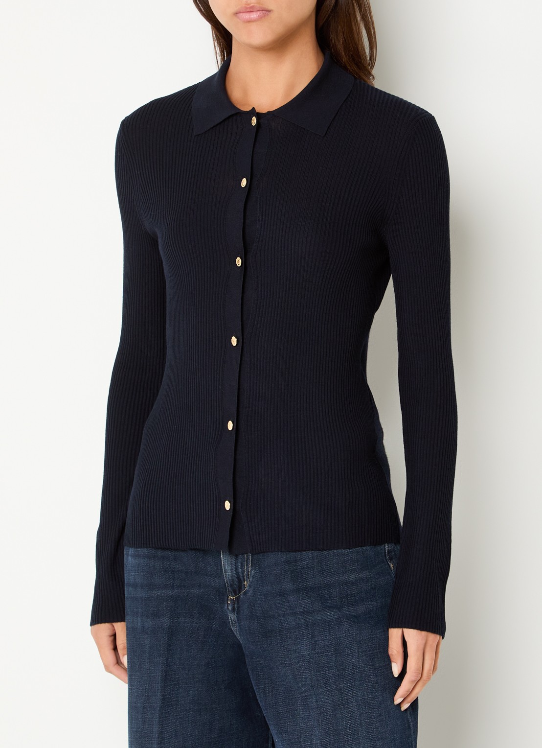 Max Mara Fijngebreid vest in wolblend - detail donkerblauw