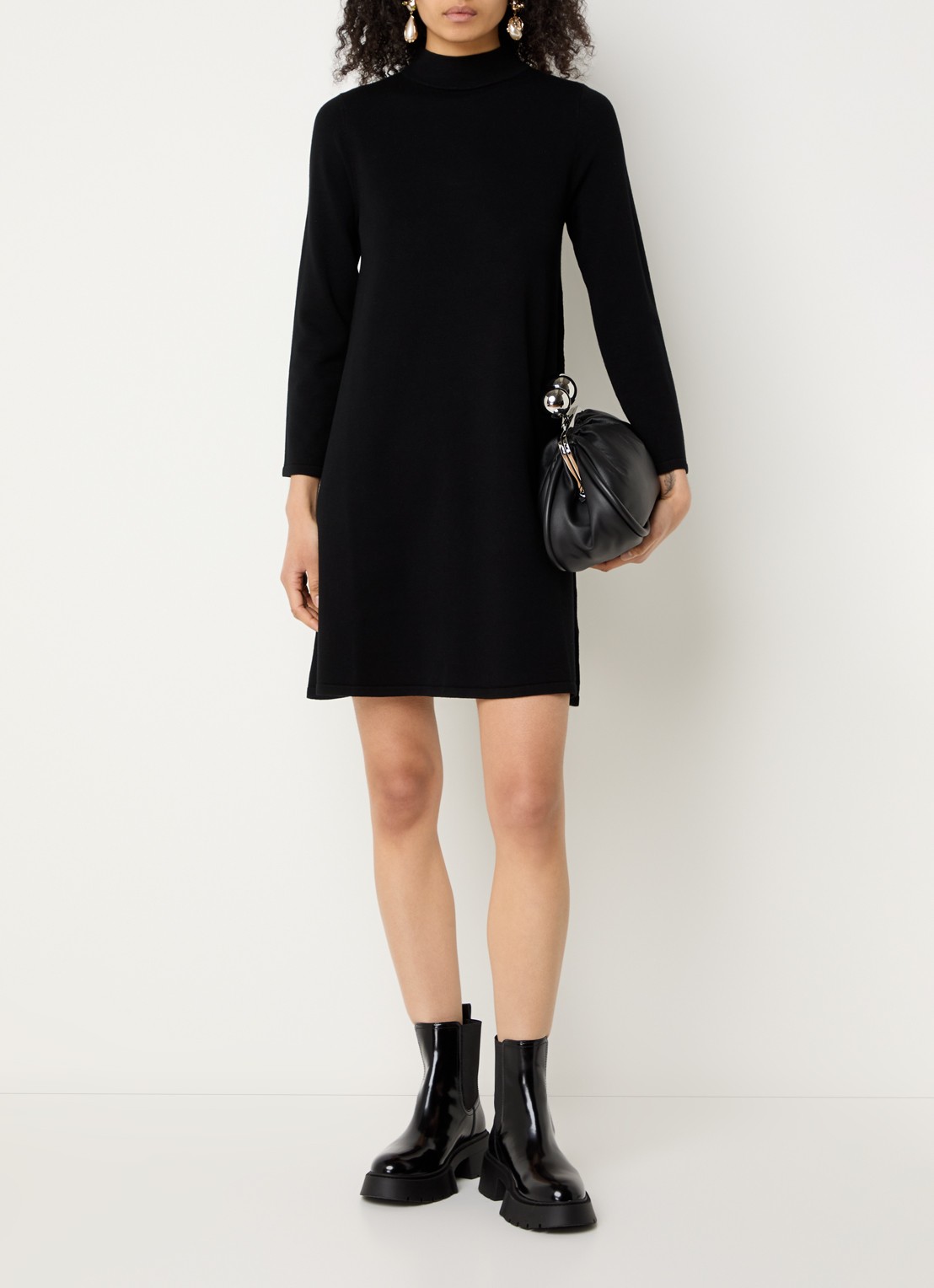 Max Mara Fijngebreide mini trui-jurk met opstaande kraag - voorkant 4 zwart