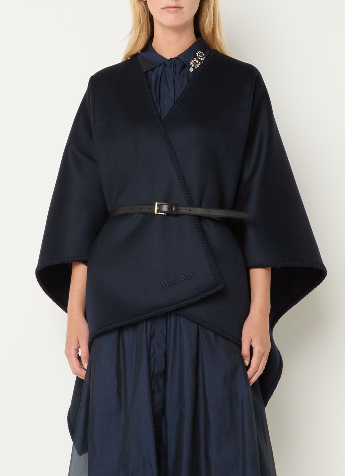 Max Mara Fijngebreide poncho in wolblend - detail 4 donkerblauw