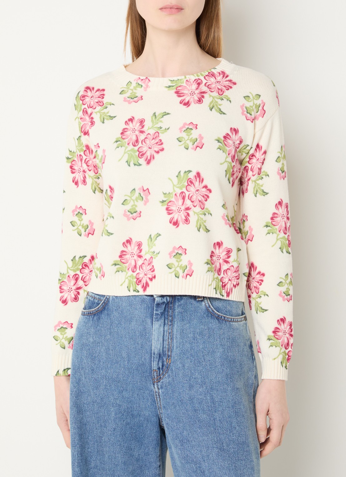 Max Mara Fijngebreide trui met bloemenprint - detail 4 ivoor