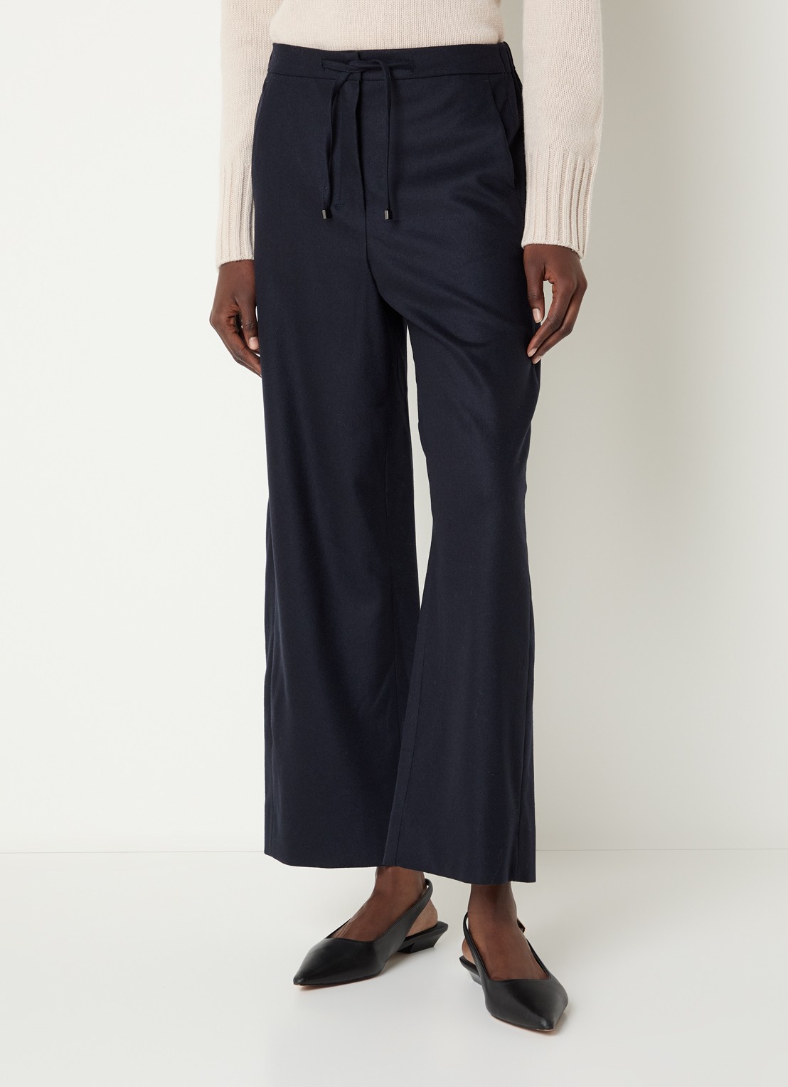 Max Mara Floria high waist wide fit broek van scheerwol - detail donkerblauw