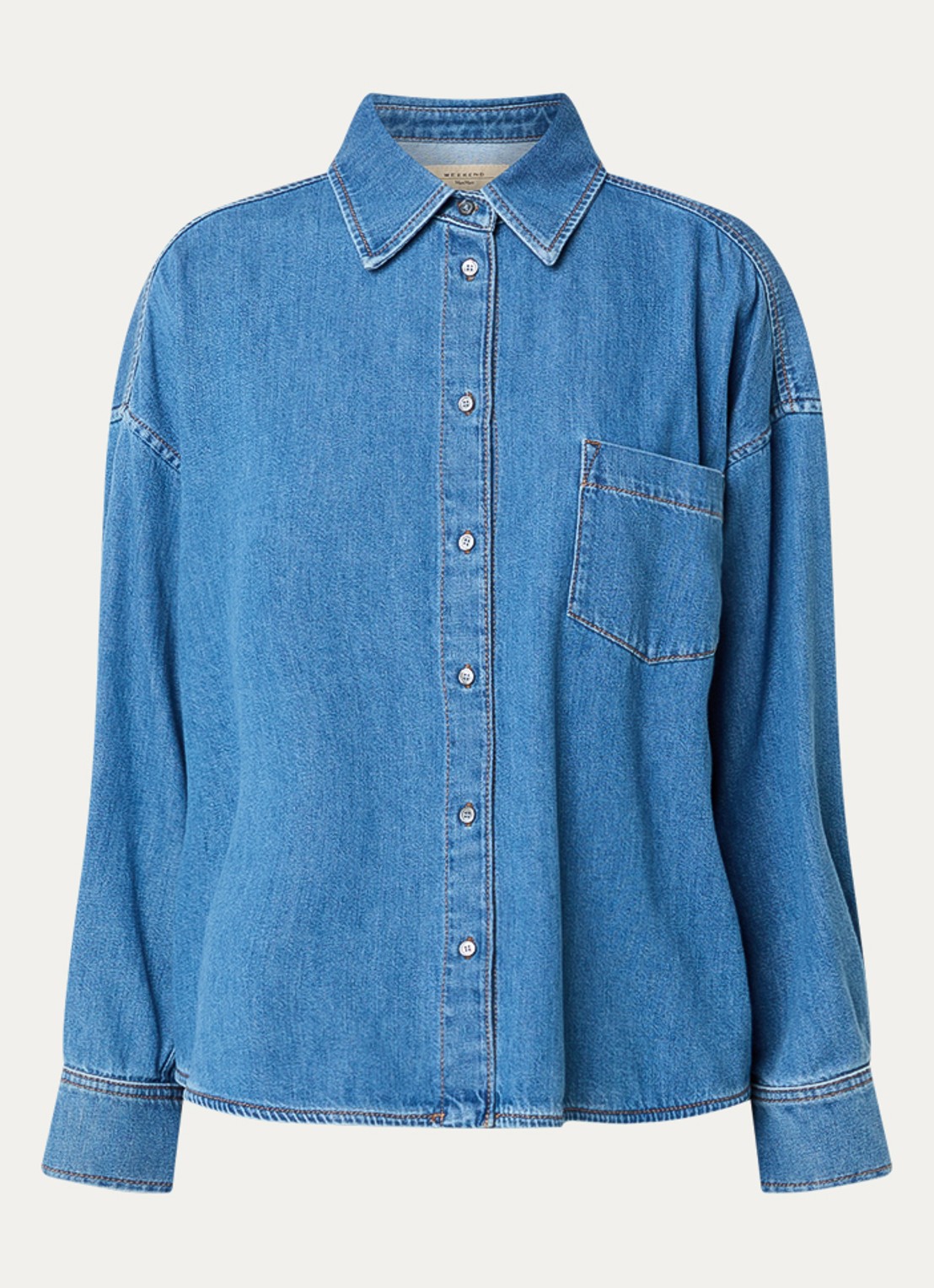 Max Mara Foggia blouse van denim met borstzak - voorkant 2 lichtblauw