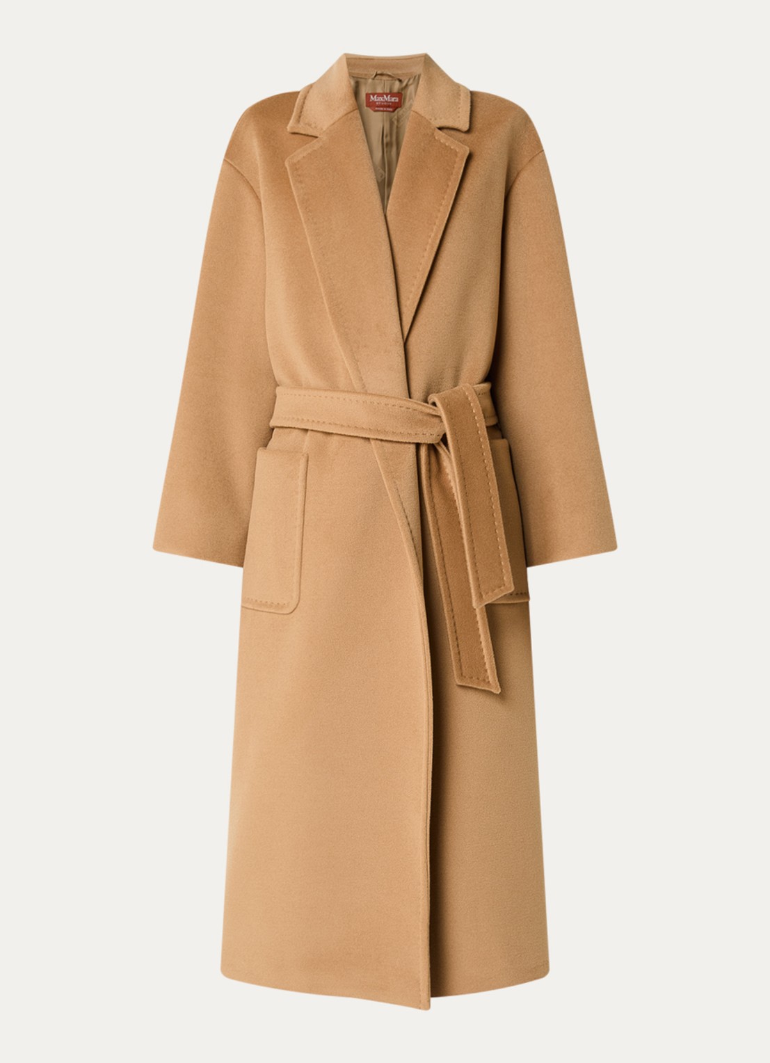 Max Mara Giambo mantel van scheerwol met strikceintuur - voorkant camel