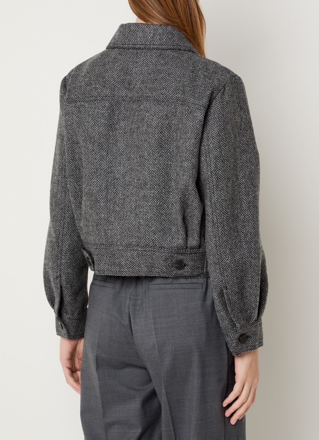 Max Mara Ginnasta cropped mantel van scheerwol met visgraat dessin - achterkant 4 donkergrijs