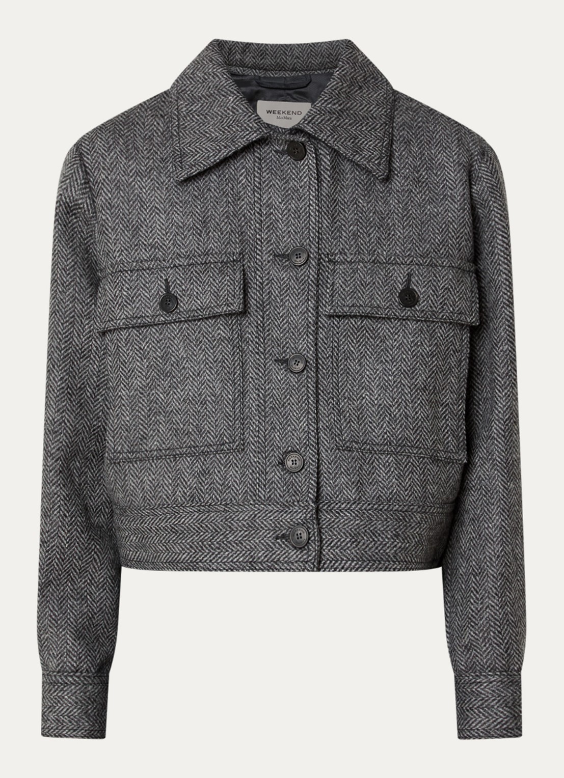 Max Mara Ginnasta cropped mantel van scheerwol met visgraat dessin - voorkant donkergrijs