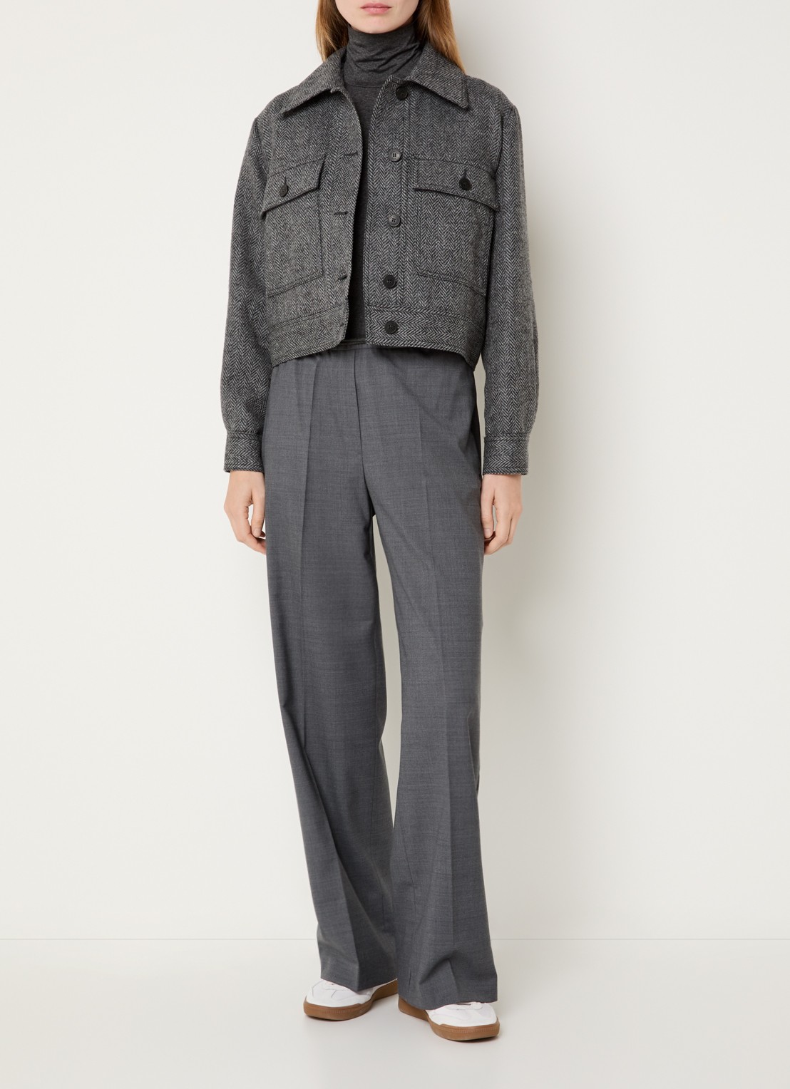 Max Mara Ginnasta cropped mantel van scheerwol met visgraat dessin - voorkant 2 donkergrijs