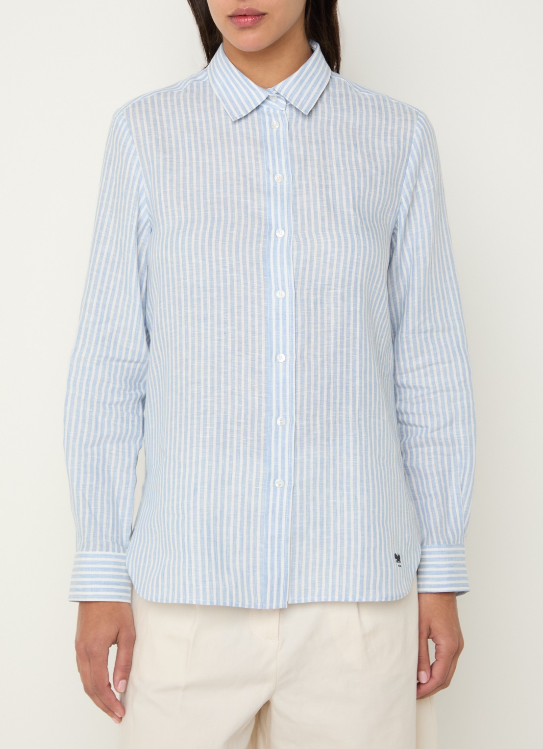 Max Mara Giurato blouse van linnen met streepprint - detail 3 lichtblauw