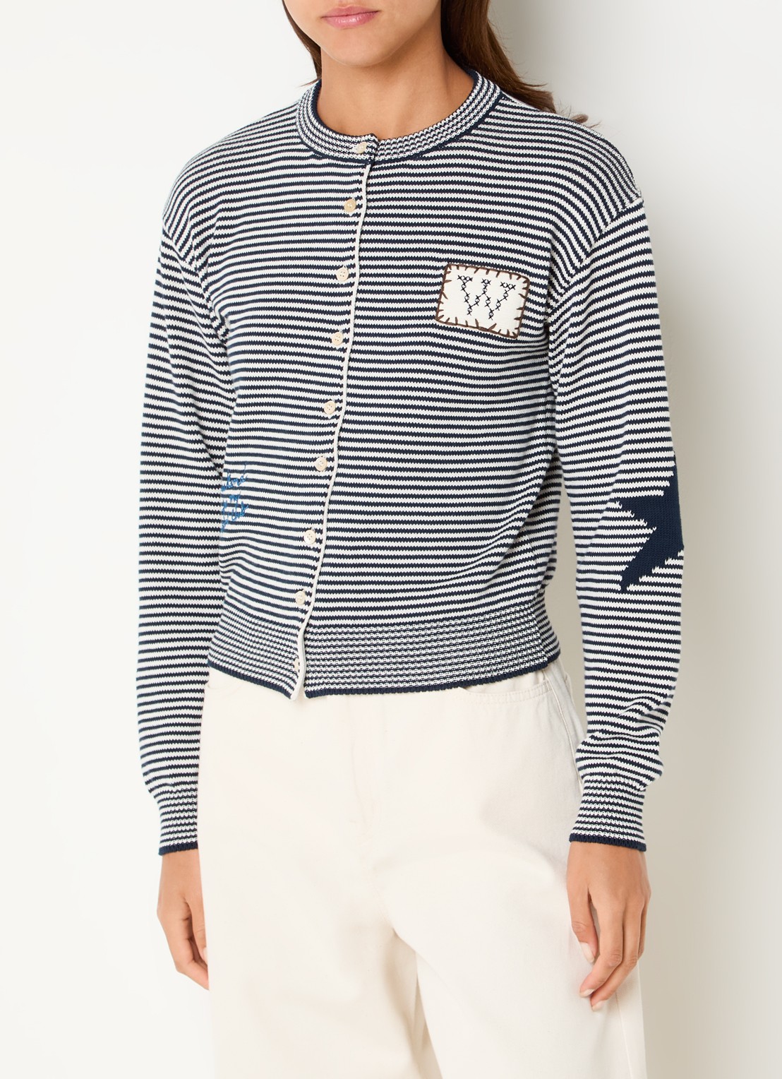 Max Mara Grofgebreid vest met streepprint - detail 4 donkerblauw