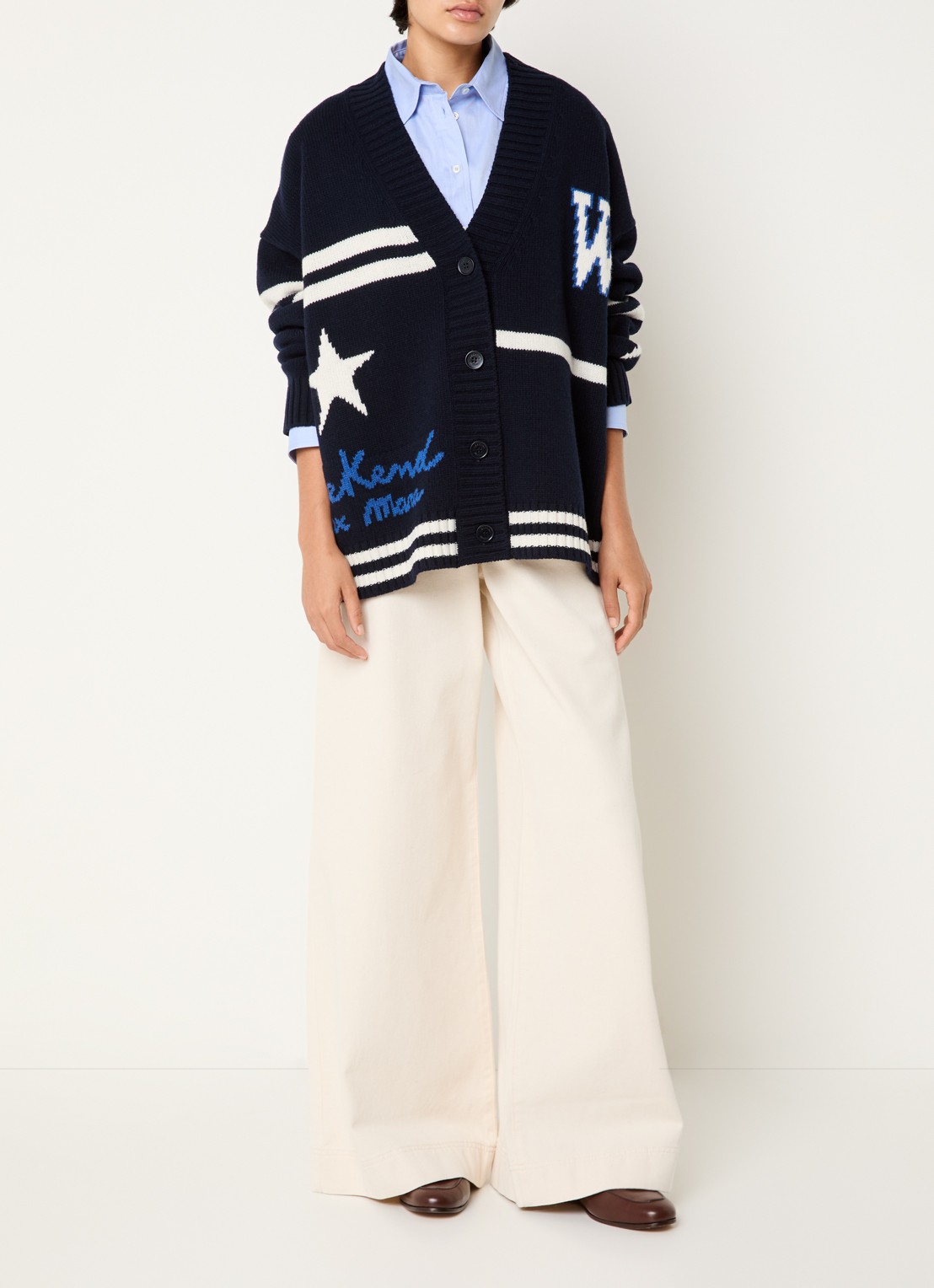Max Mara Grofgebreid vest van wol met print - voorkant 3 donkerblauw