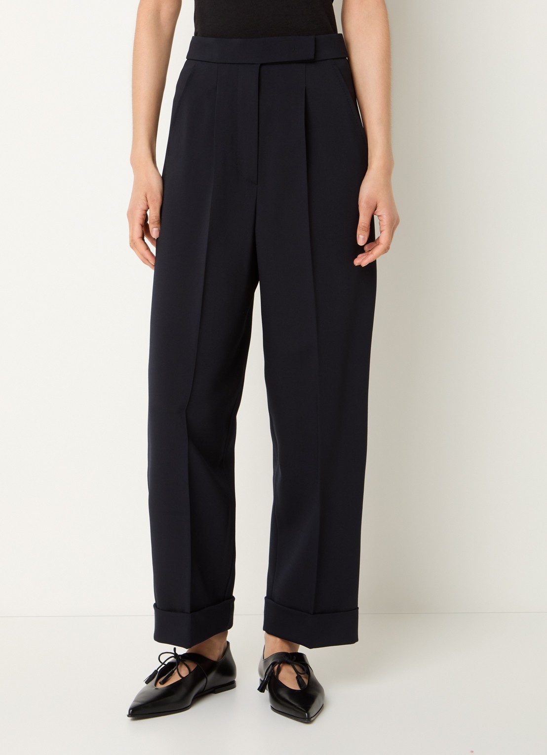 Max Mara High waist loose fit pantalon van scheerwol met steekzakken - detail 3 donkerblauw