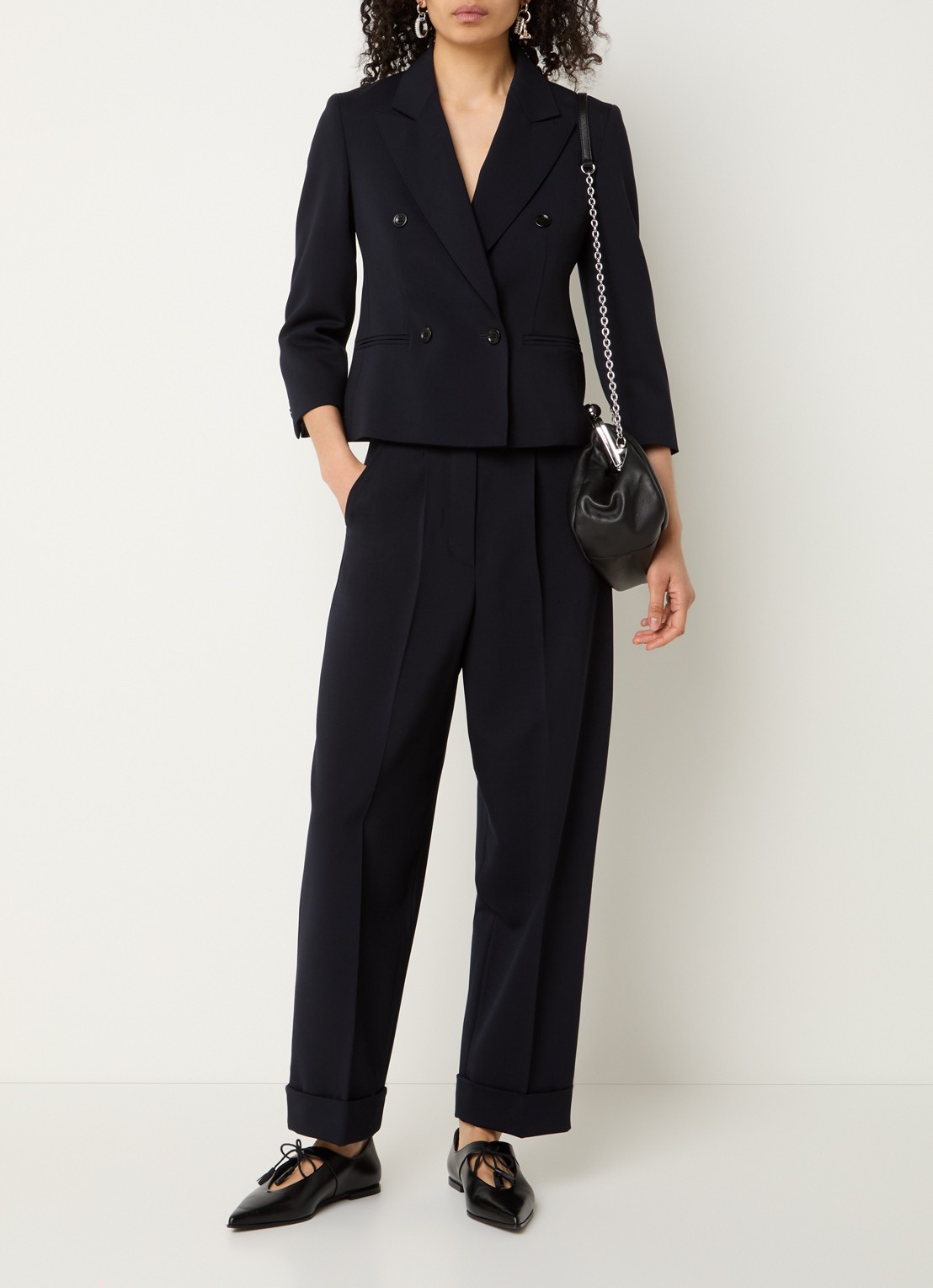 Max Mara High waist loose fit pantalon van scheerwol met steekzakken - voorkant 2 donkerblauw