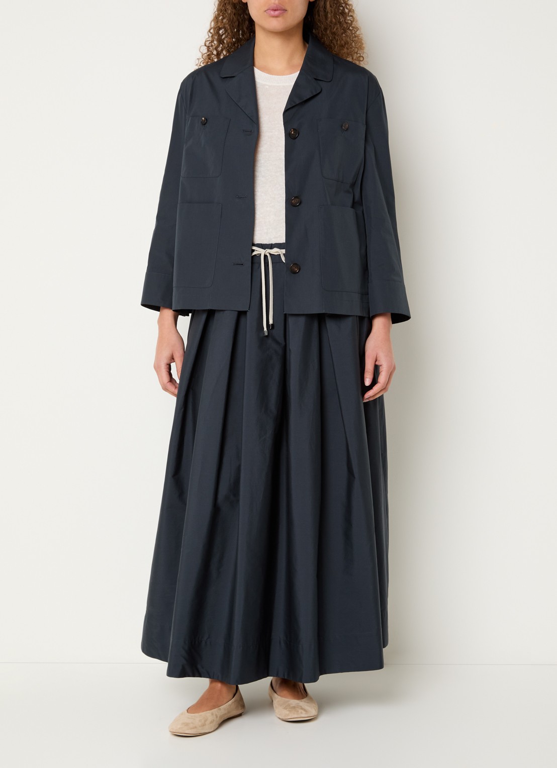 Max Mara High waist midi rok met trekkoord - voorkant 3 staalblauw