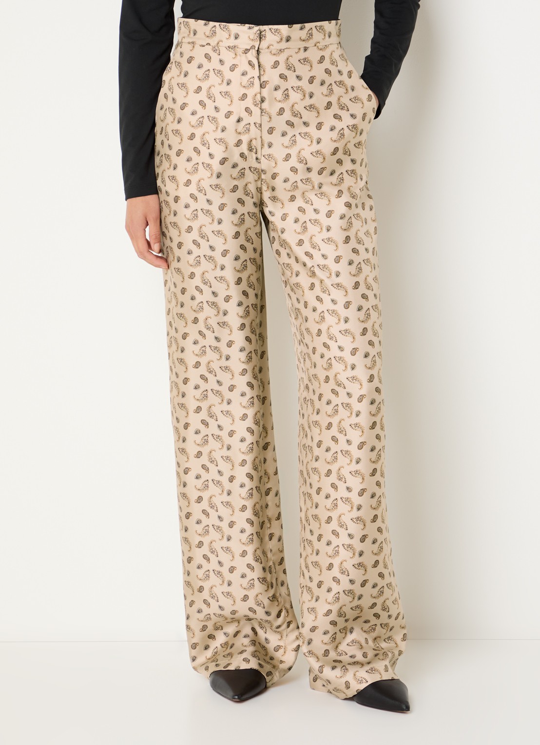 Max Mara High waist wide fit pantalon van zijde met paisley dessin - detail 4 beige