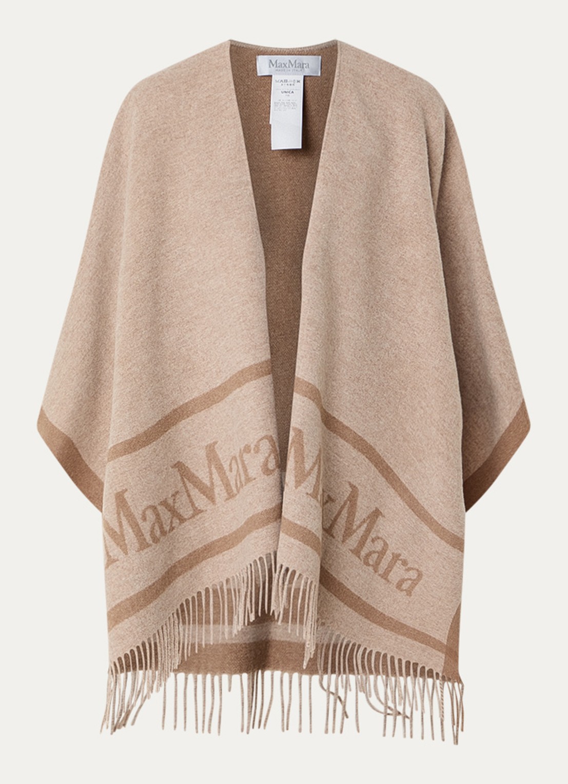 Max Mara Hilde poncho van wol met logoprint en franjes - voorkant 3 beige
