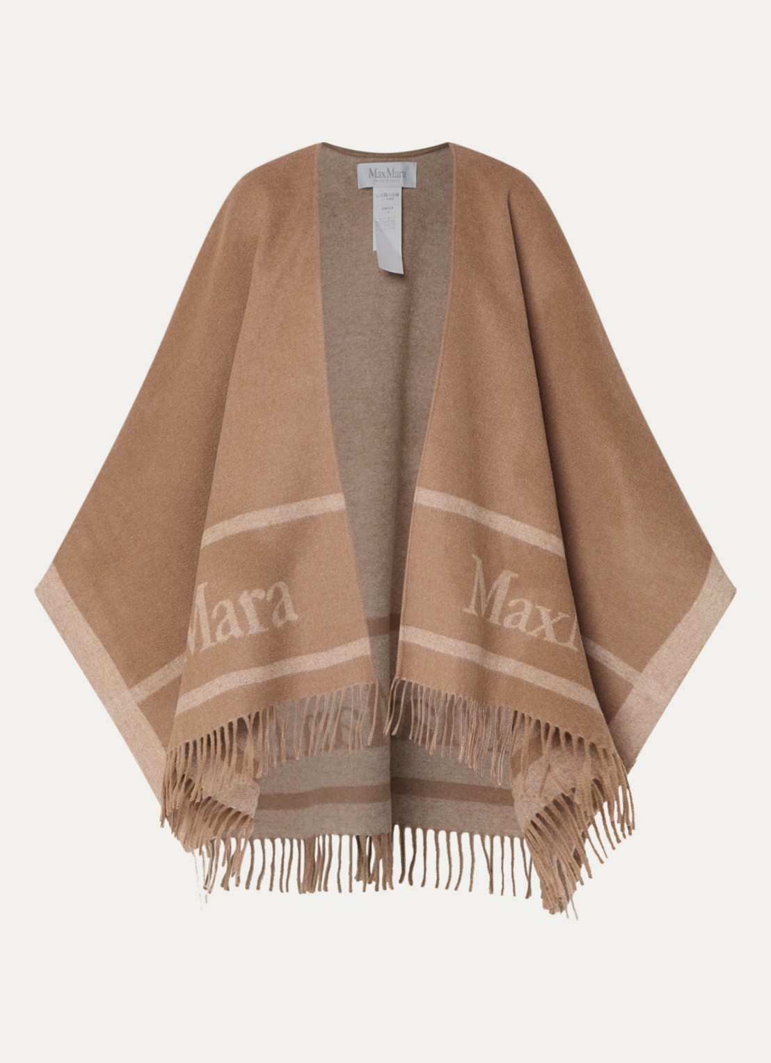 Max Mara Hilde poncho van wol met logoprint en franjes - voorkant 2 camel