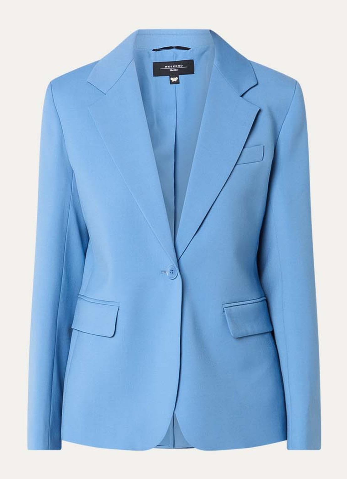 Max Mara Lamine blazer van scheerwol met schoudervulling en klepzakken - voorkant 3 lichtblauw