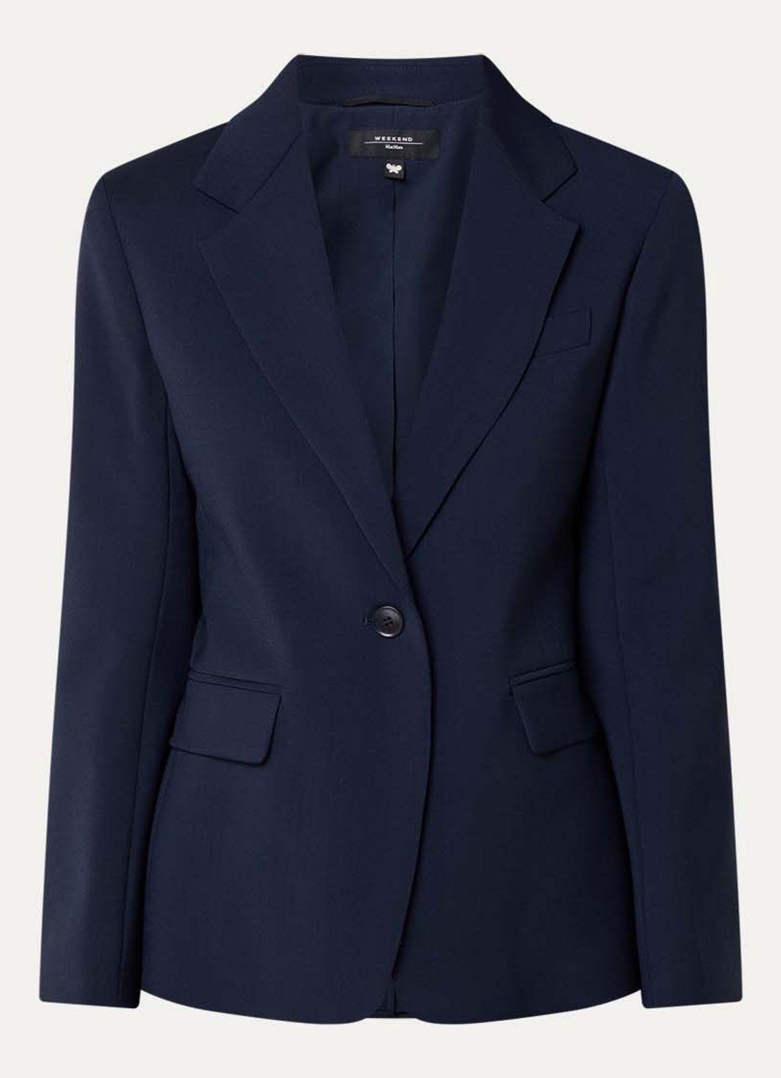 Max Mara Lamine blazer van scheerwol met schoudervulling en klepzakken - voorkant donkerblauw