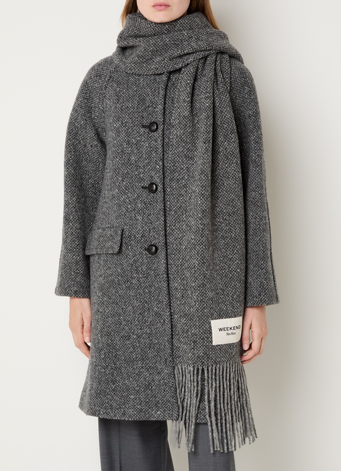 Max Mara Latino mantel van scheerwol met gemêleerd dessin - detail middengrijs