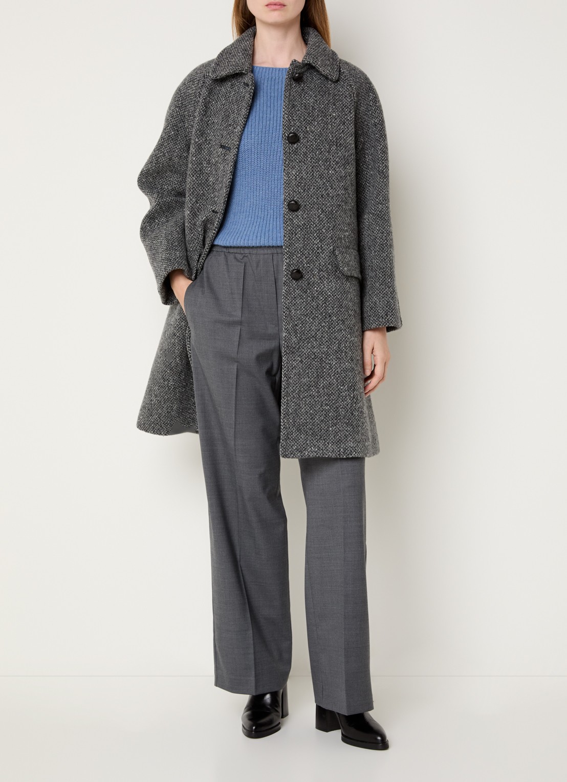 Max Mara Latino mantel van scheerwol met gemêleerd dessin - voorkant 4 middengrijs