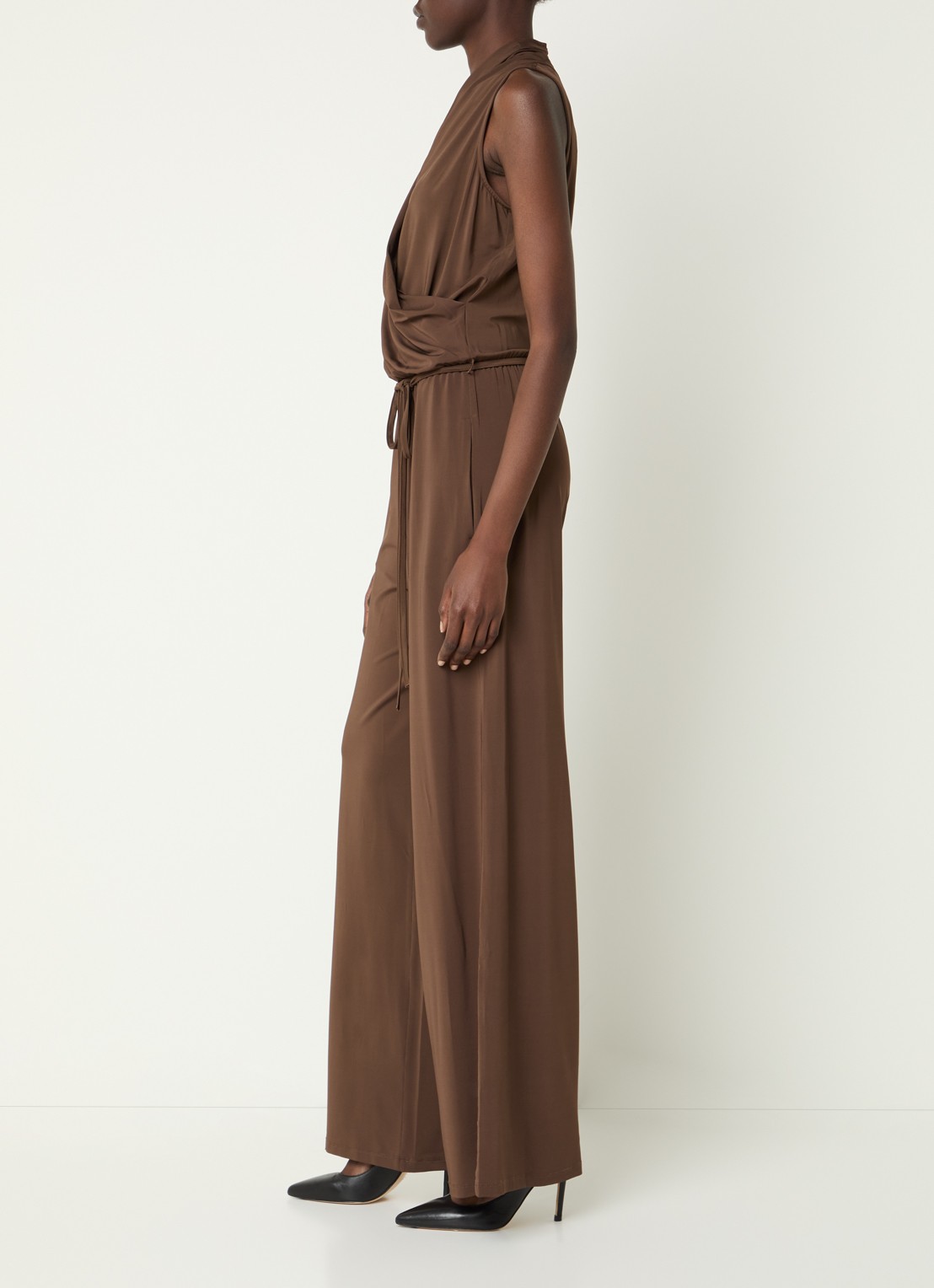 Max Mara Loose fit jumpsuit met watervalhals - voorkant 4 donkerbruin
