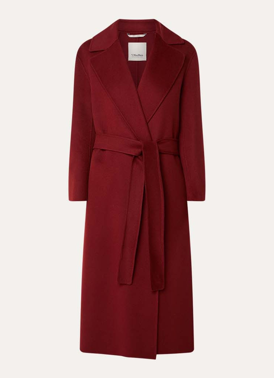 Max Mara Luna mantel van scheerwol met strikceintuur - voorkant 3 donkerrood