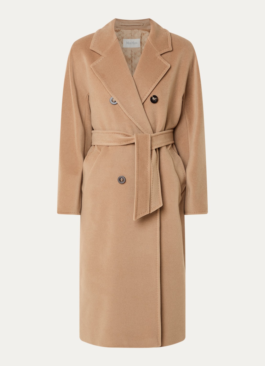 Max Mara Madame mantel in kasjmierblend met strikceintuur - voorkant 2 camel