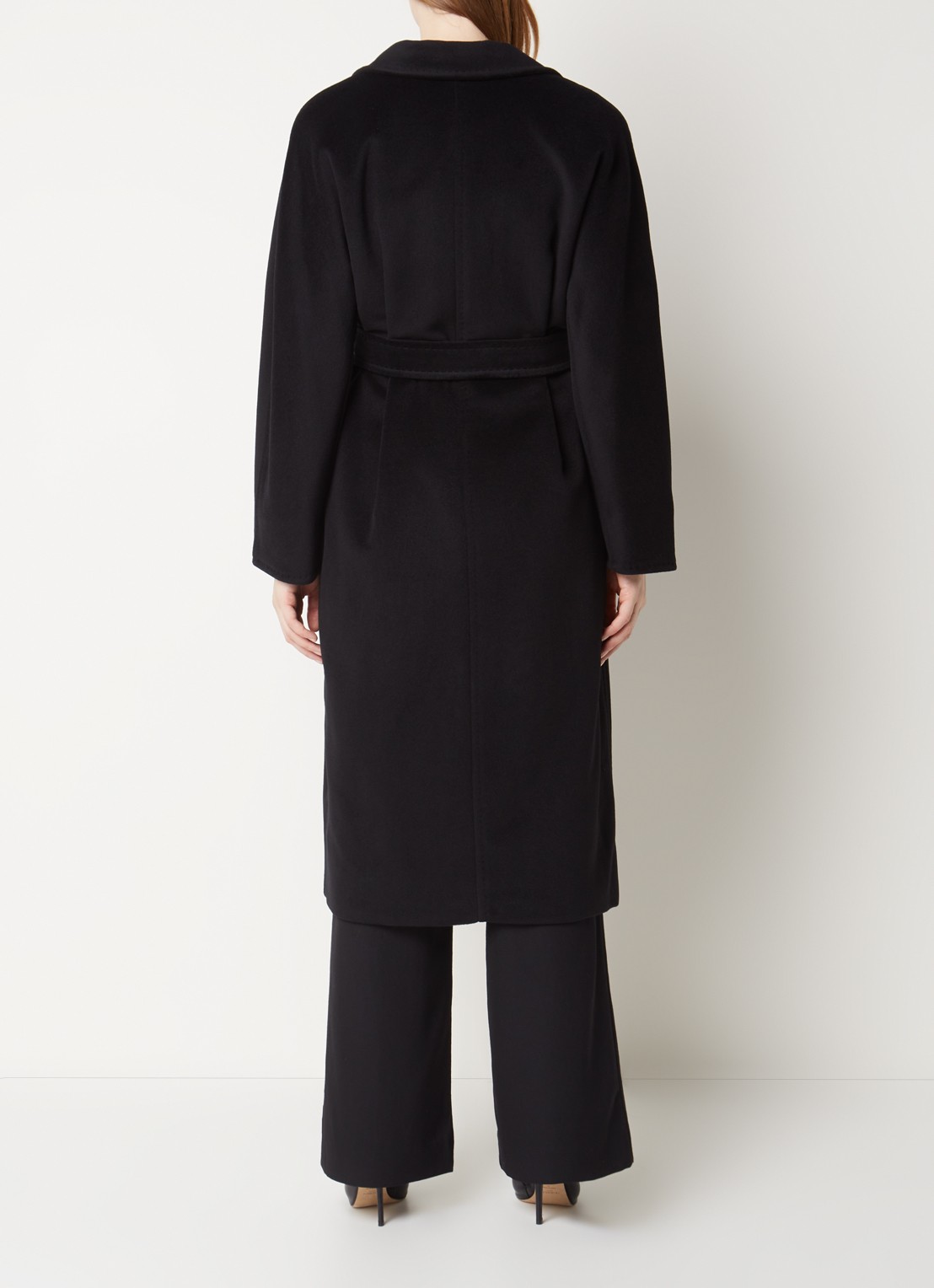 Max Mara Madame mantel in kasjmierblend met strikceintuur - achterkant zwart