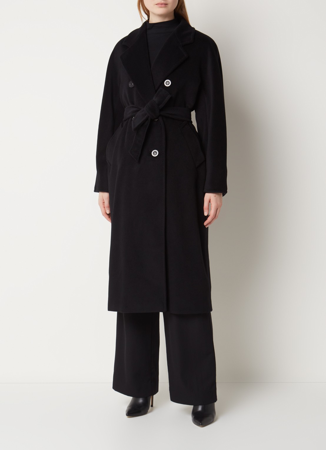 Max Mara Madame mantel in kasjmierblend met strikceintuur - detail 2 zwart