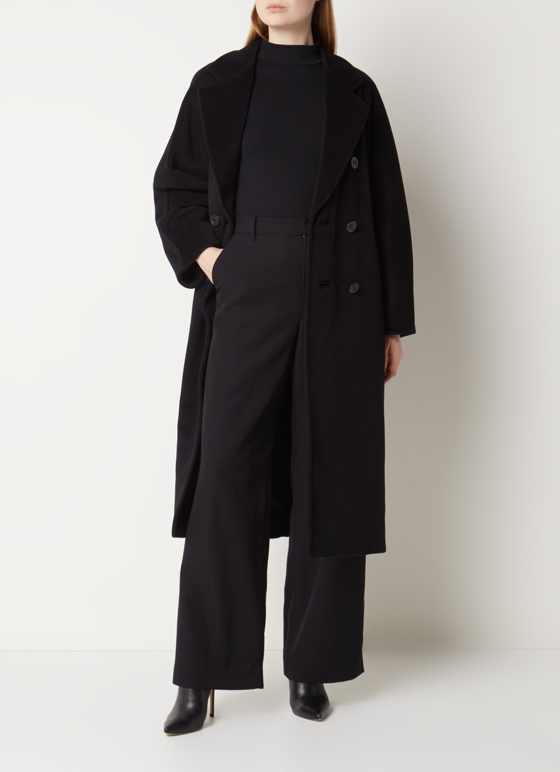 Max Mara Madame mantel in kasjmierblend met strikceintuur - voorkant 4 zwart