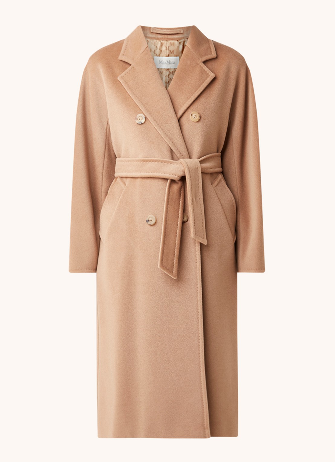 Max Mara Madame mantel in wolblend met strikceintuur - voorkant 4 camel