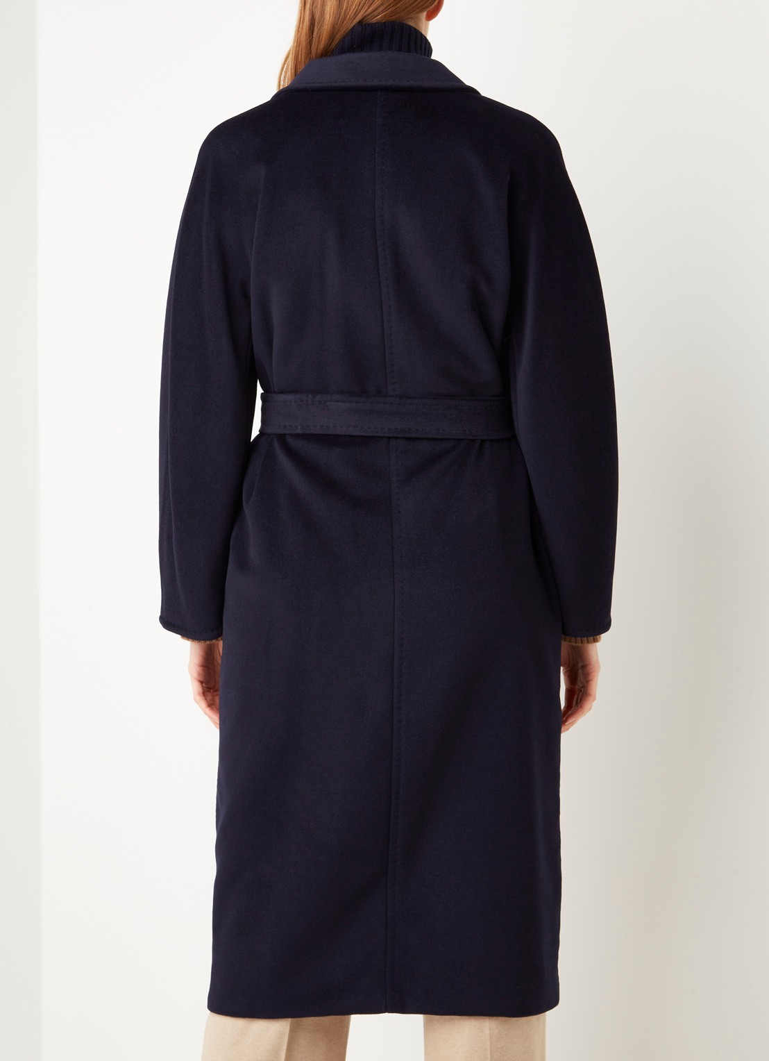 Max Mara Madame mantel in wolblend met strikceintuur - achterkant 3 donkerblauw