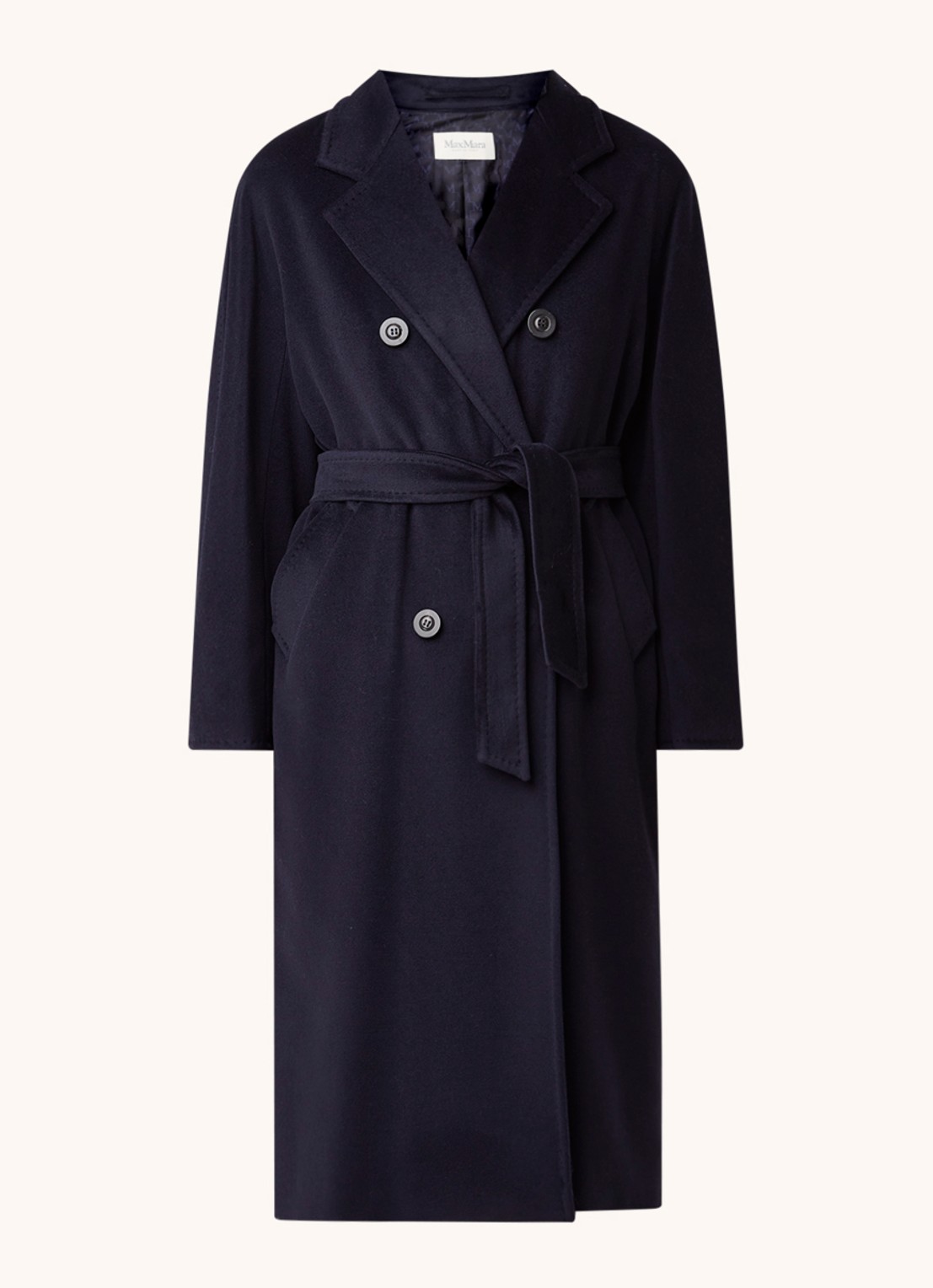 Max Mara Madame mantel in wolblend met strikceintuur - voorkant 4 donkerblauw
