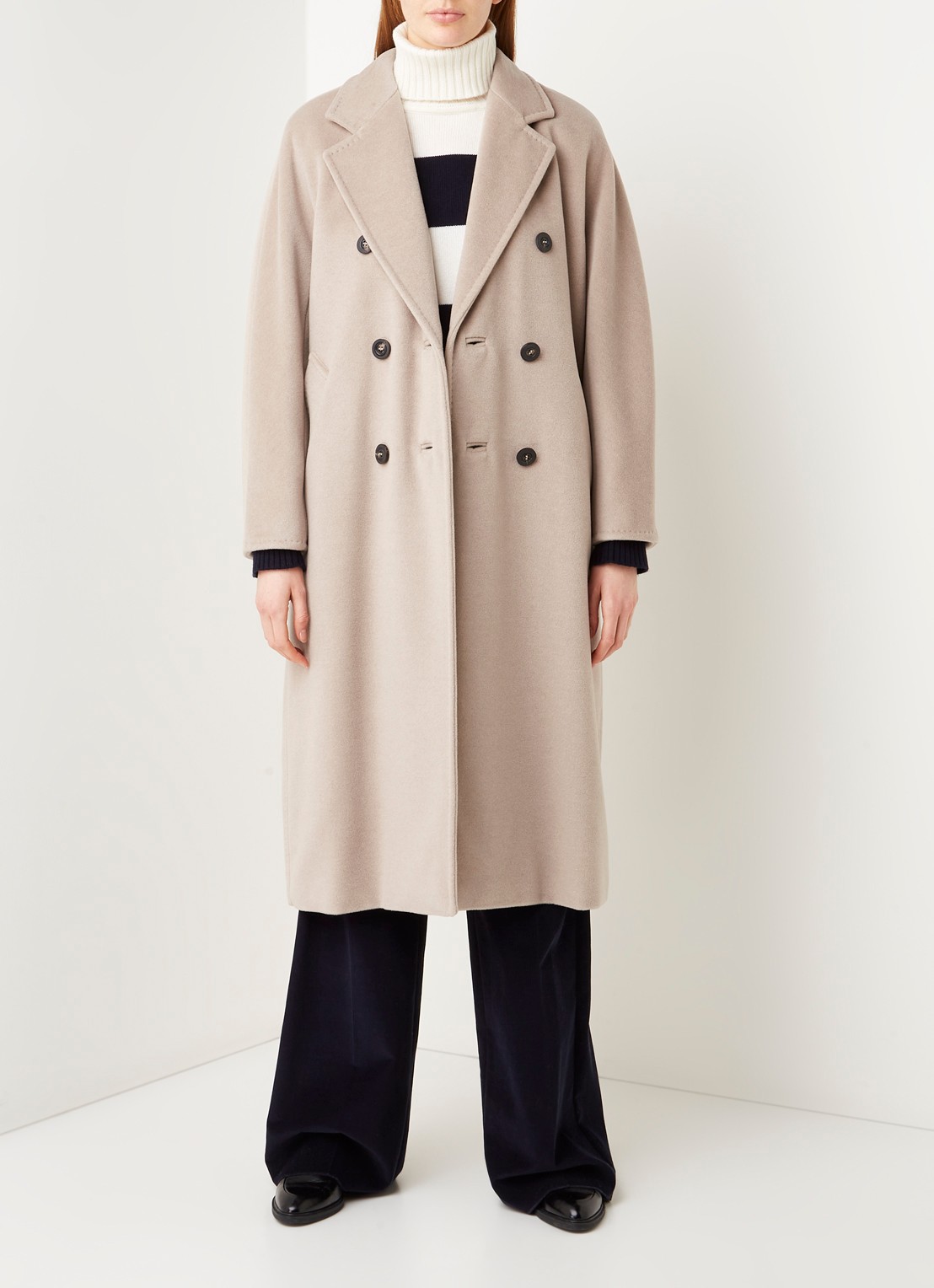 Max Mara Madame mantel in wolblend met strikceintuur - voorkant 4 beige