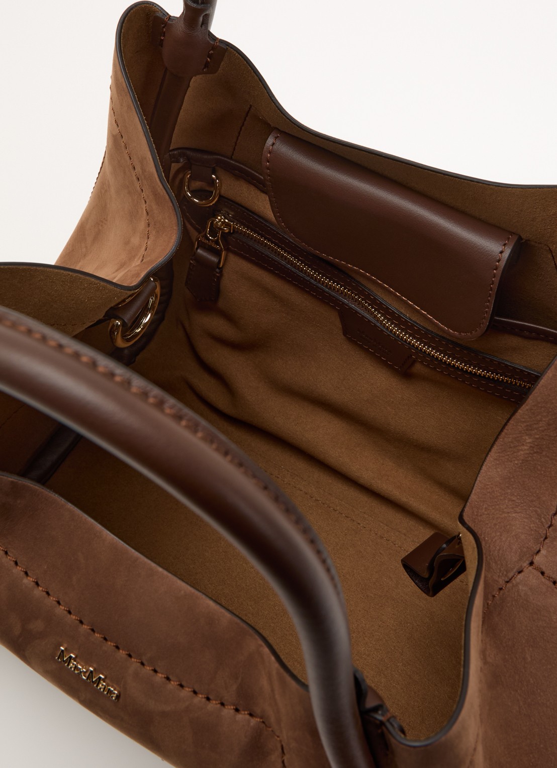 Max Mara Marine handtas van suède met details van kalfsleer  - detail 2 bruin
