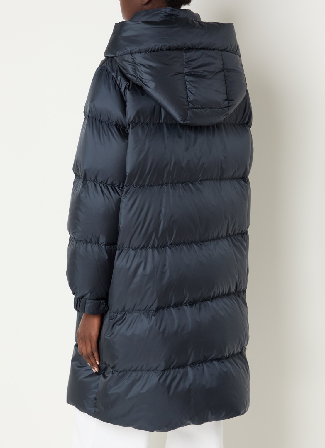 Max Mara Marte longline pufferjas met donsvulling en afneembare capuchon - achterkant 2 donkerblauw