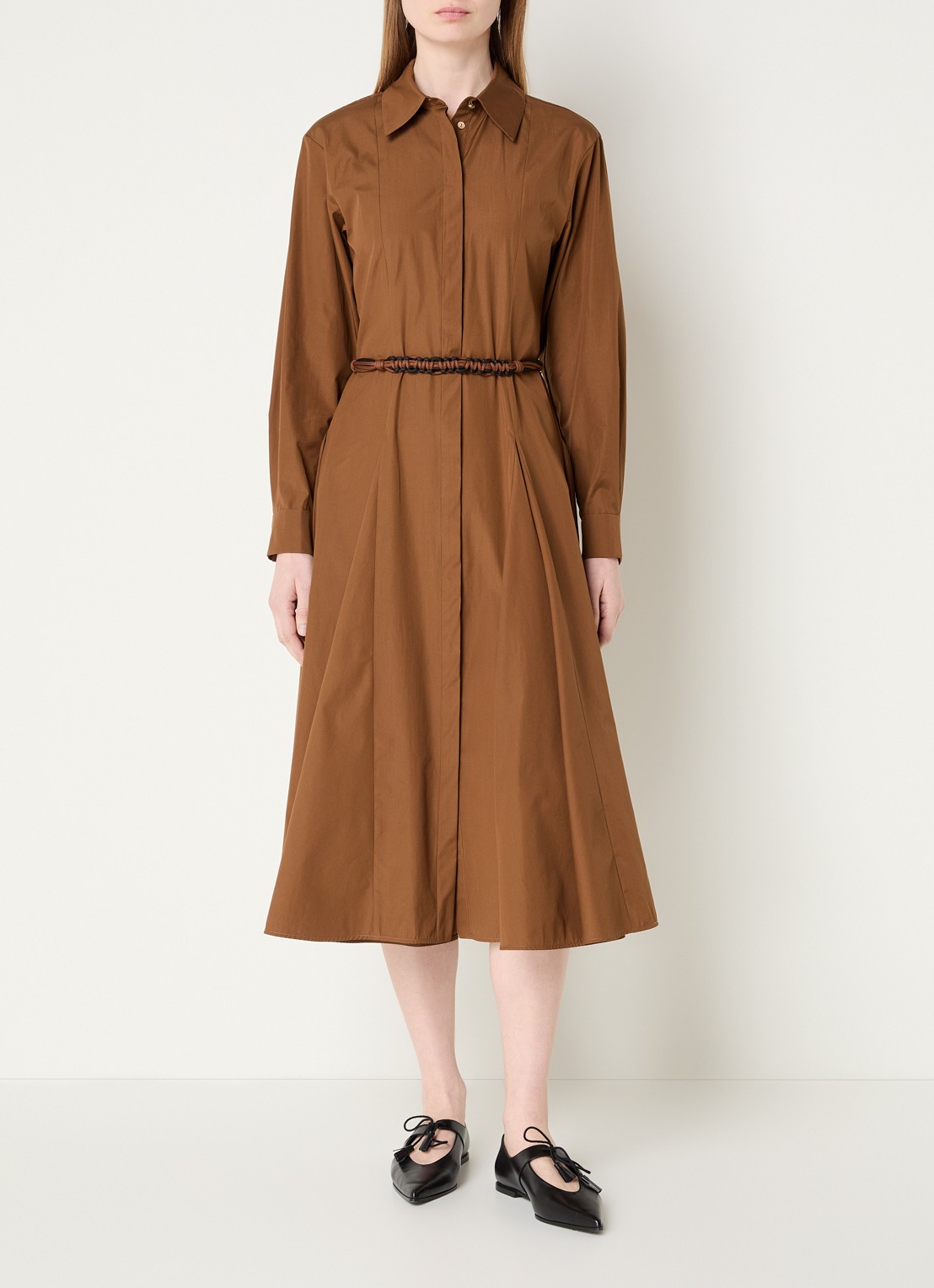 Max Mara Midi blouse jurk met ceintuur - detail cognac