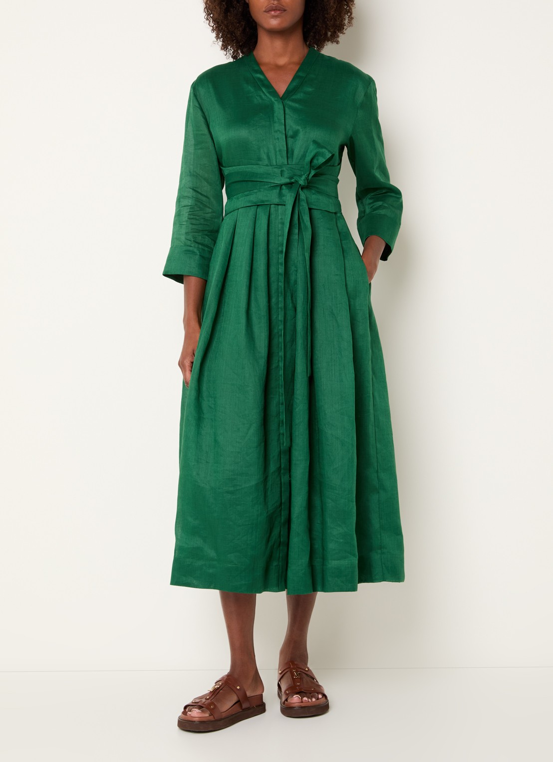Max Mara Midi blousejurk met strikceintuur en steekzakken - detail groen