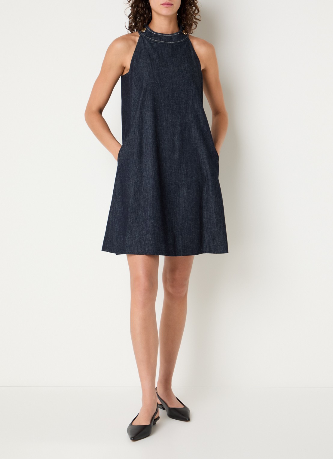 Max Mara Midi jurk van denim met ronde hals - voorkant 2 indigo