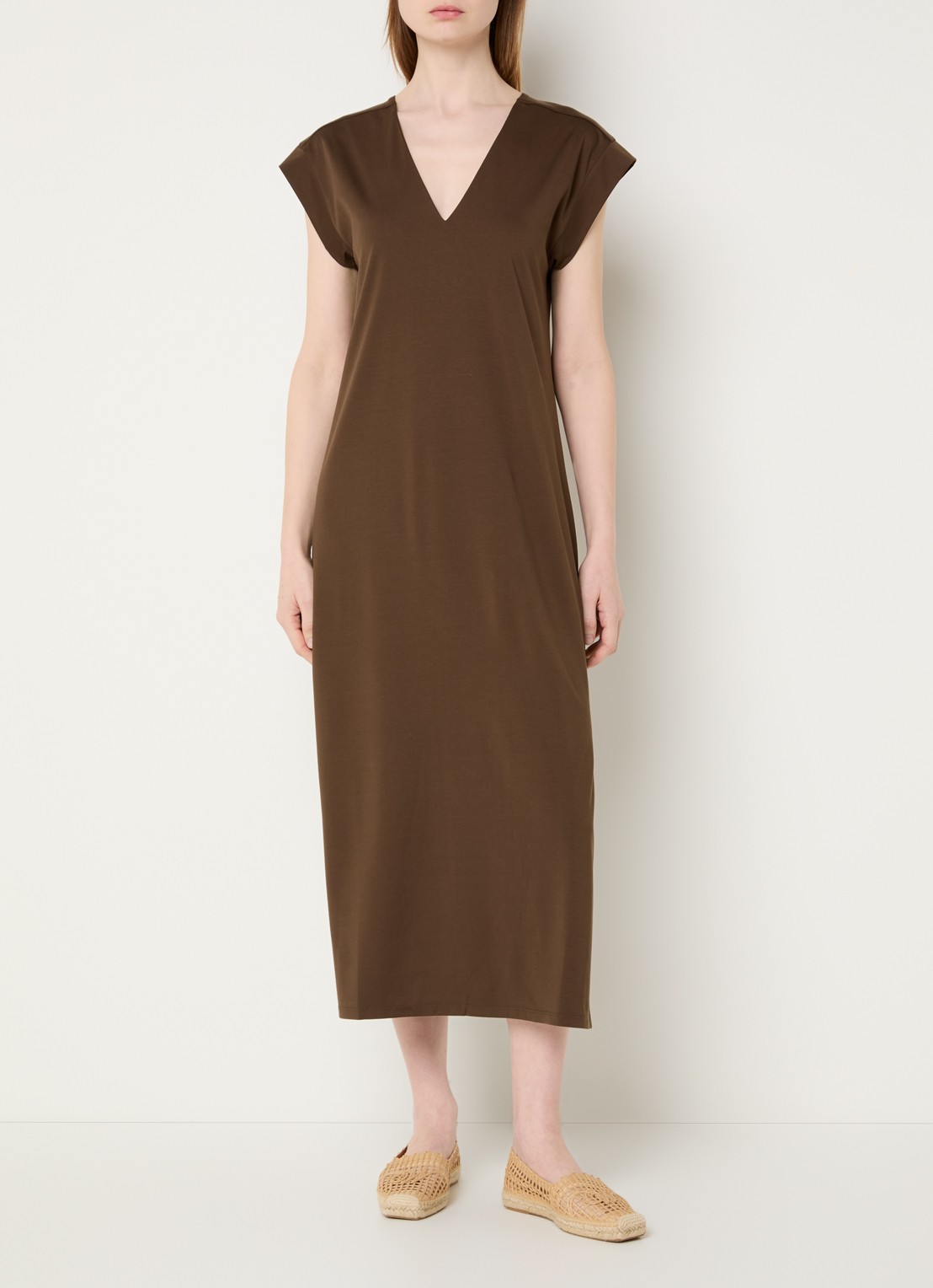 Max Mara Mirto midi jurk met V-hals - detail bruin