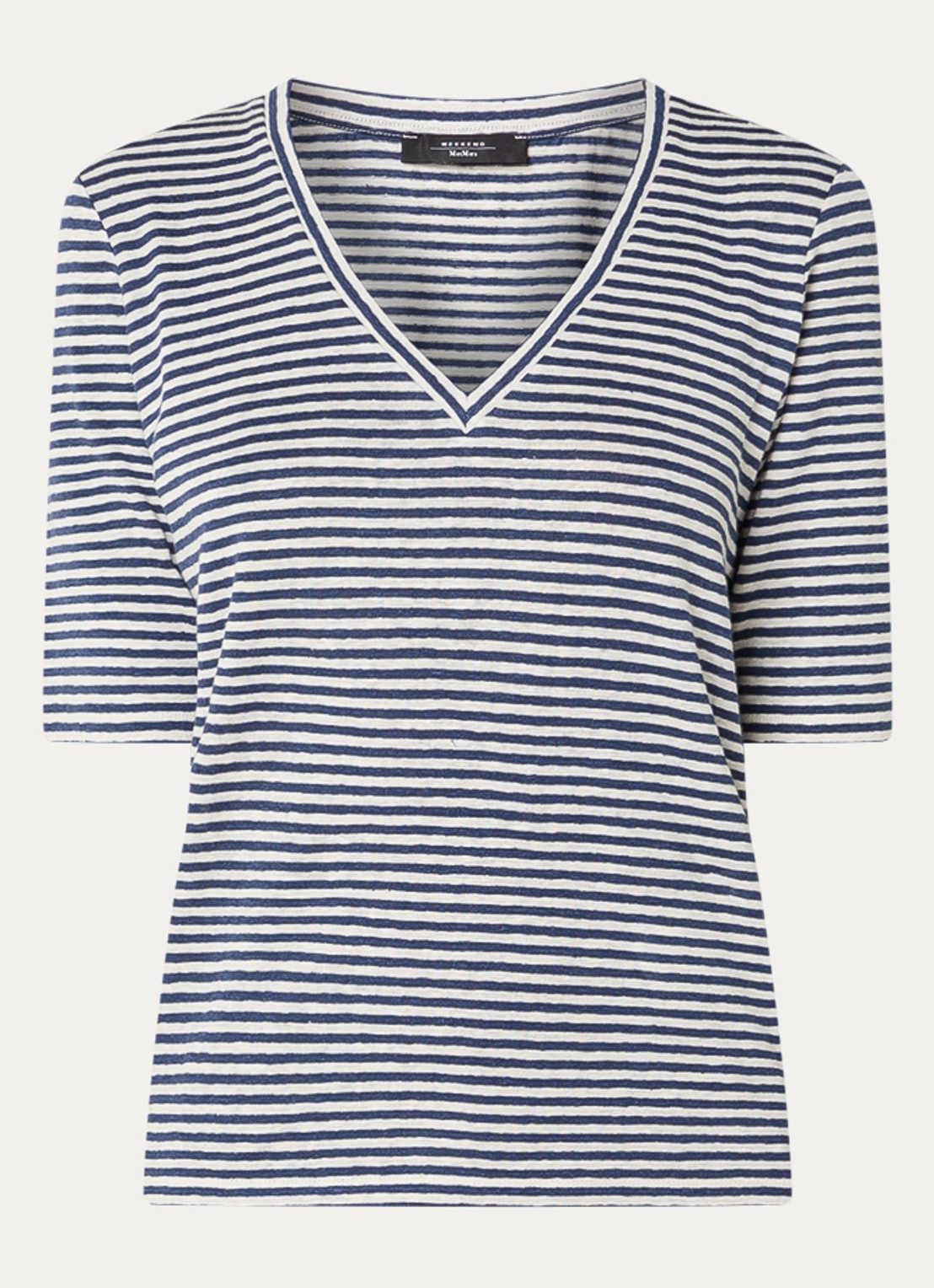 Max Mara Opzione T-shirt van linnen met V-hals - voorkant 3 donkerblauw